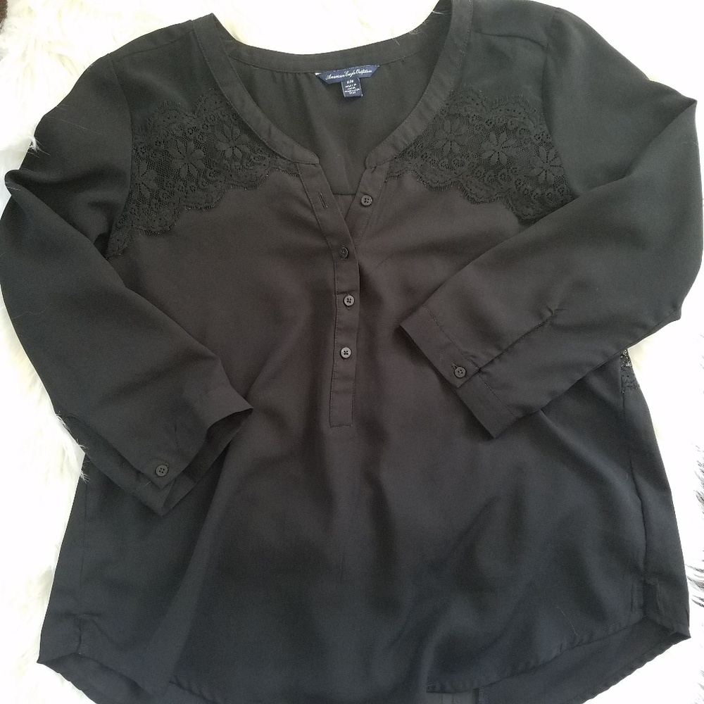 American Eagle black flowy blouse with lace panels